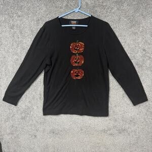 Vtg 90s Jack O Lantern Pumpkin Sequin Shirt L Studio Treat Halloween Kitsch Y2K
